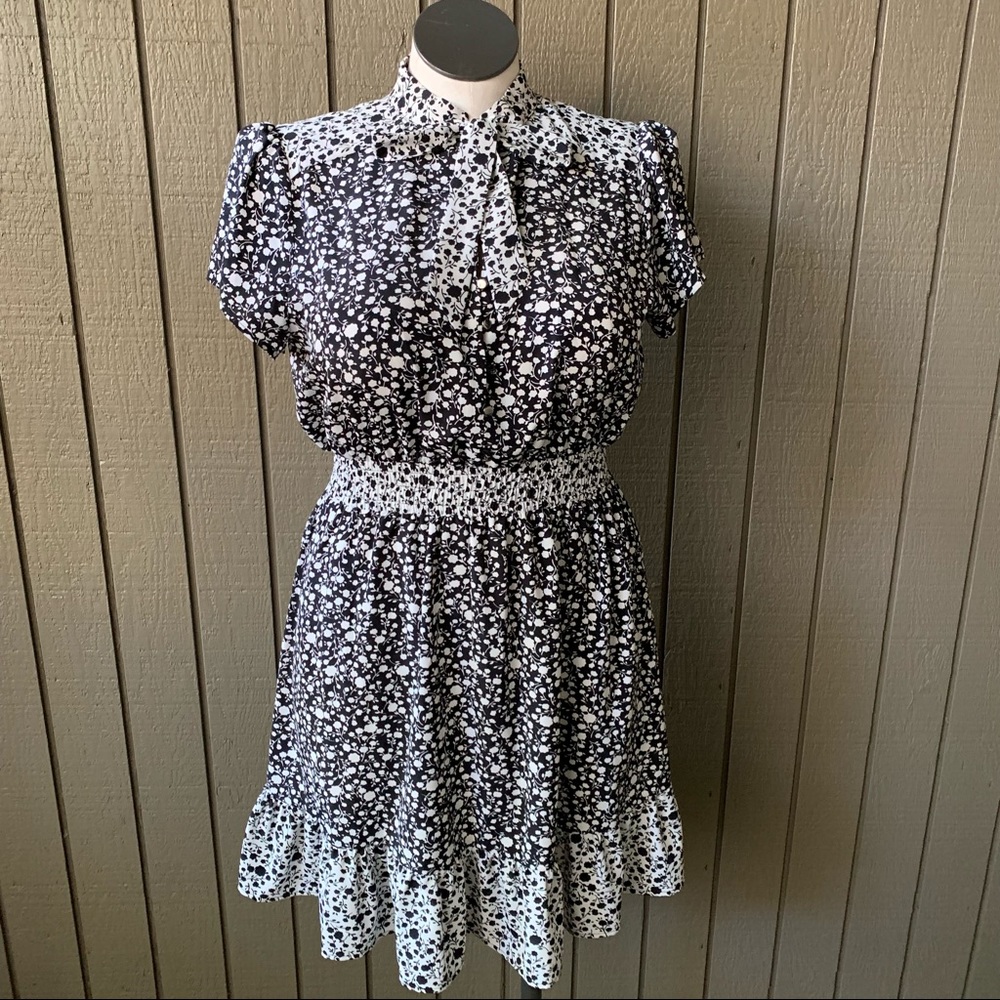 Melloday Tie Neck Smocked Floral Mini Dress